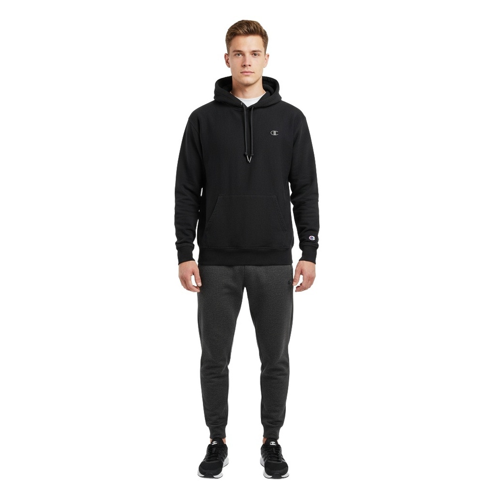 CHAMPION Mens Pullover Hoodie Size L Black Athletic Embroidered Logo